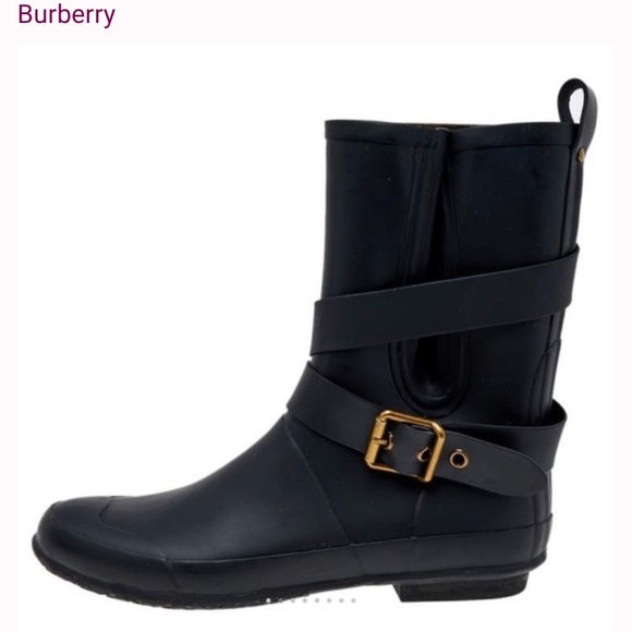 BURBERRY  Brenmid Mid Buckle Black Rubber Rainboots - Picture 1 of 14